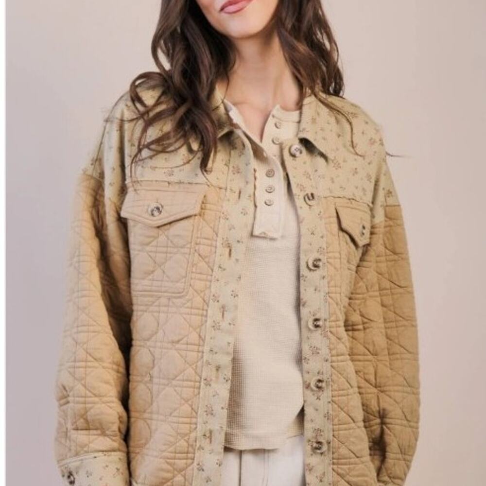 New'm floral quilted jacket in mocha, size L NWT